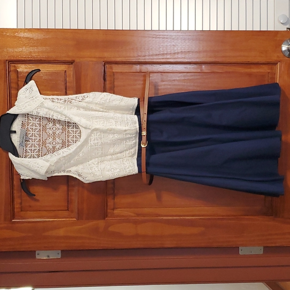 White and Navy Blue Lace Belted Dress